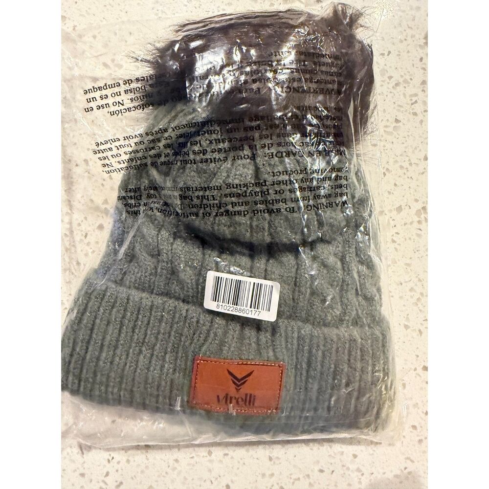 Virelli Gray Mohair Blend Cable Knit Beanie Faux Fur Pom Pom Unisex Winter Hat